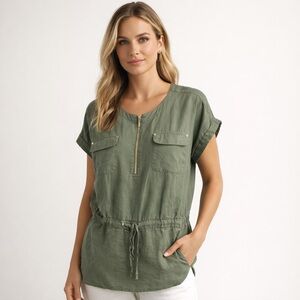 Ellen Tracy | 100% Linen Utility Style Olive Green Top Size XL